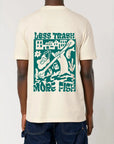 A man wearing unisex City to Ocean T-shirt with 'Less Trash More Fish' graphic design on the back. 100% Cotton in natural raw white, untreated sustainable fabric