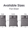 Diagram showing the dimensions of a Bambaw Cozy bamboo flat sheet for single, double, and king bed sizes.