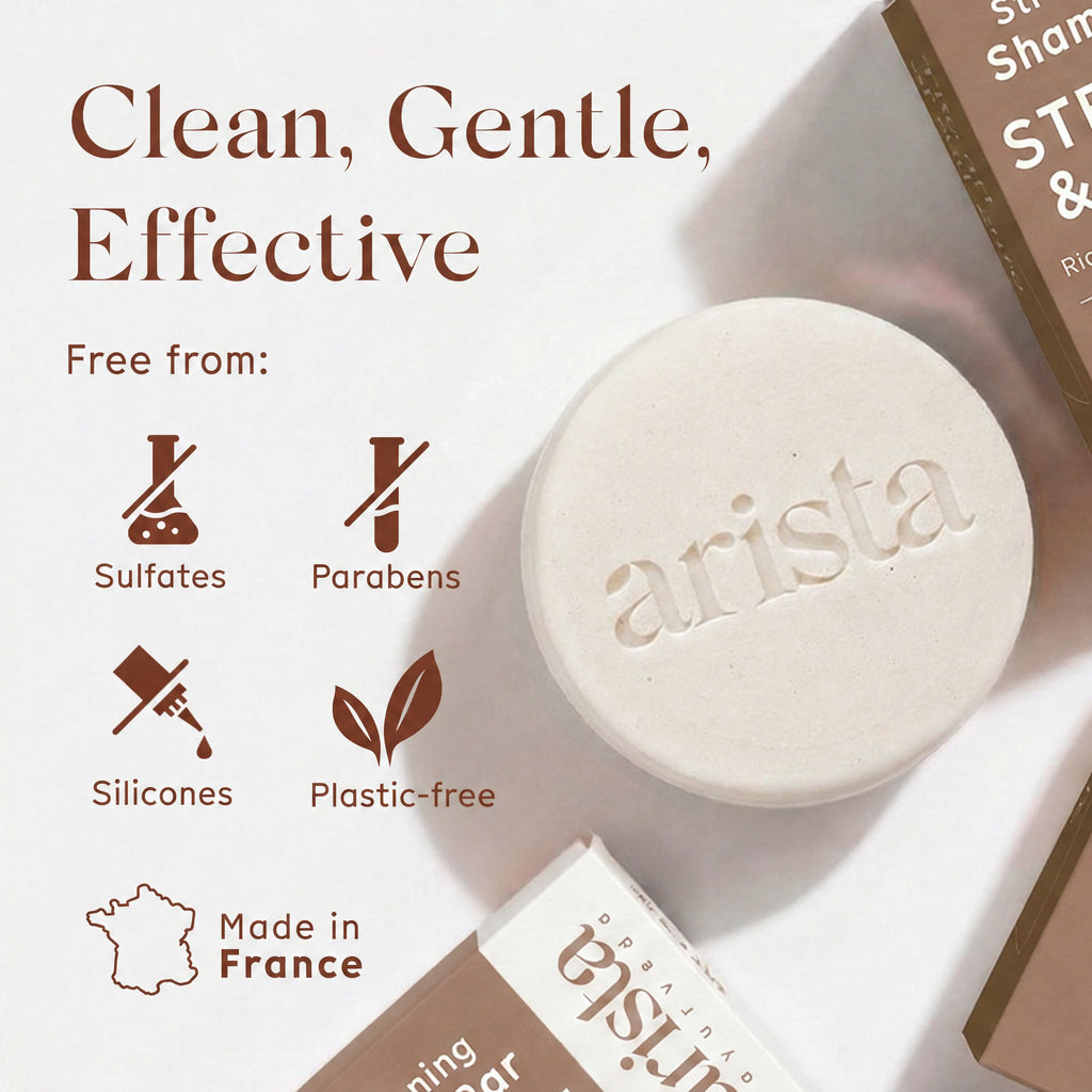 Rice and Ashwagandha strengthening shampoo bar with packaging and eco icons