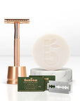 Rosegold Safety razor with BamBaw safety razor blades and soap on a white background