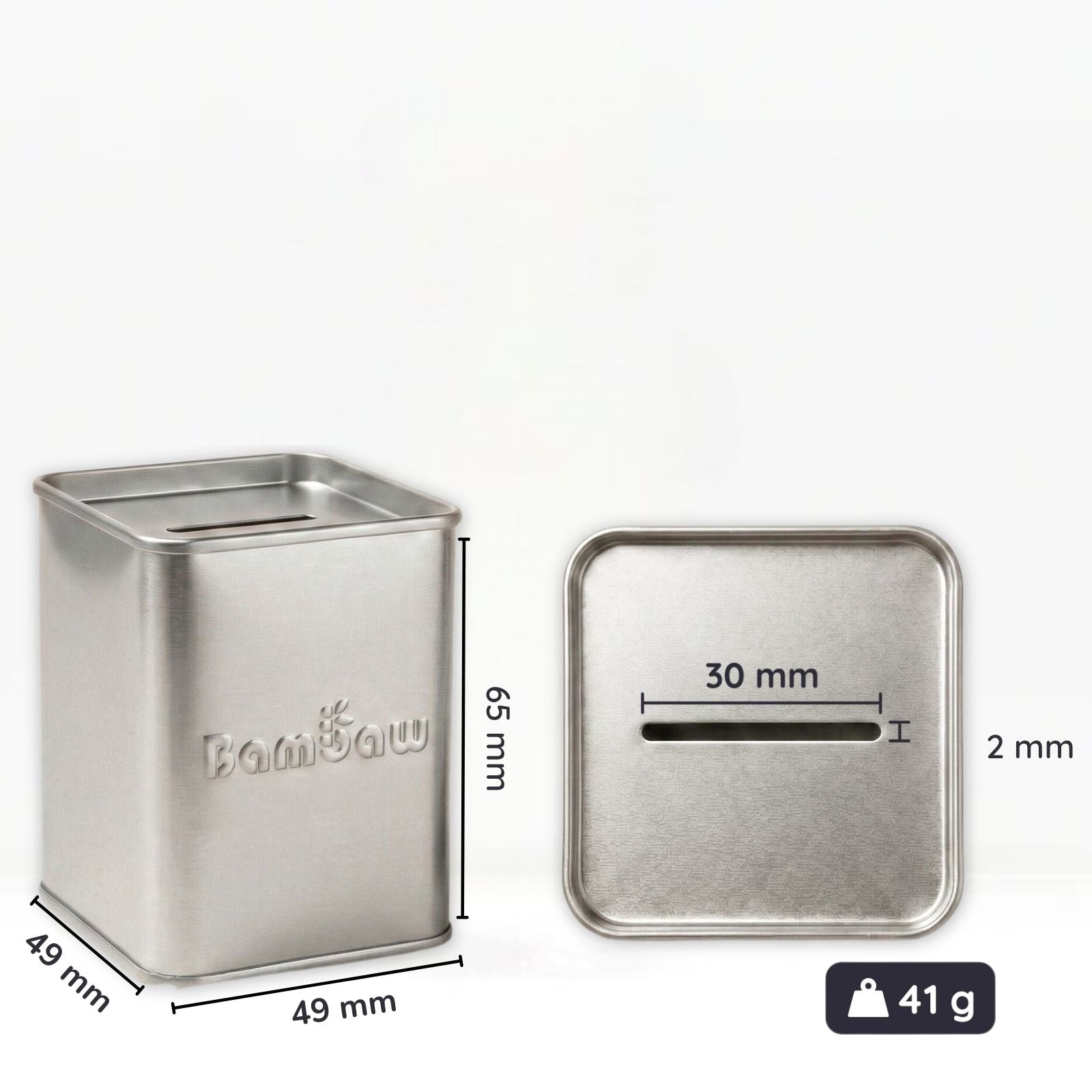 Metallic blade bank tin with dimensions and weight displayed on a white background