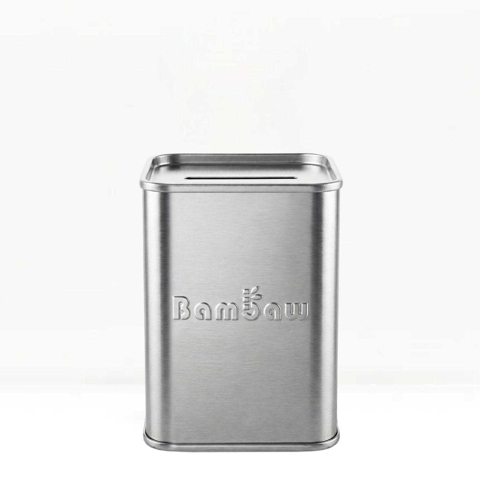 Metallic blade bank tin with a slot on top, featuring the brand name 'BamBaw', on a white background.