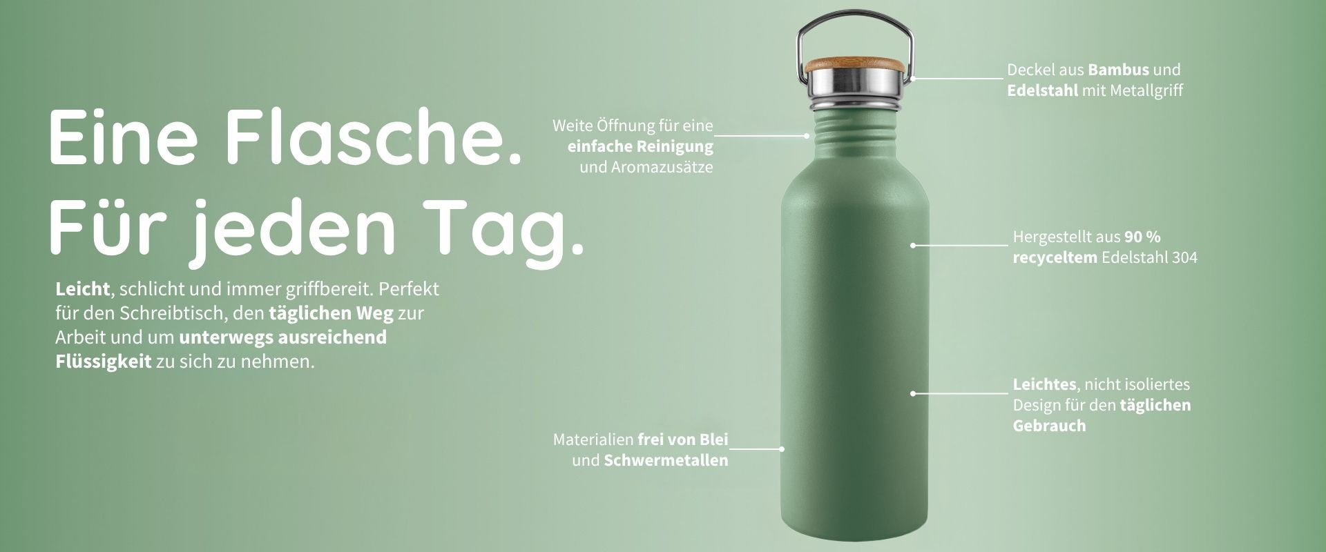 Grüne Edelstahl-Wasserflasche von Bambaw mit hervorgehobenen Merkmalen auf grünem Hintergrund