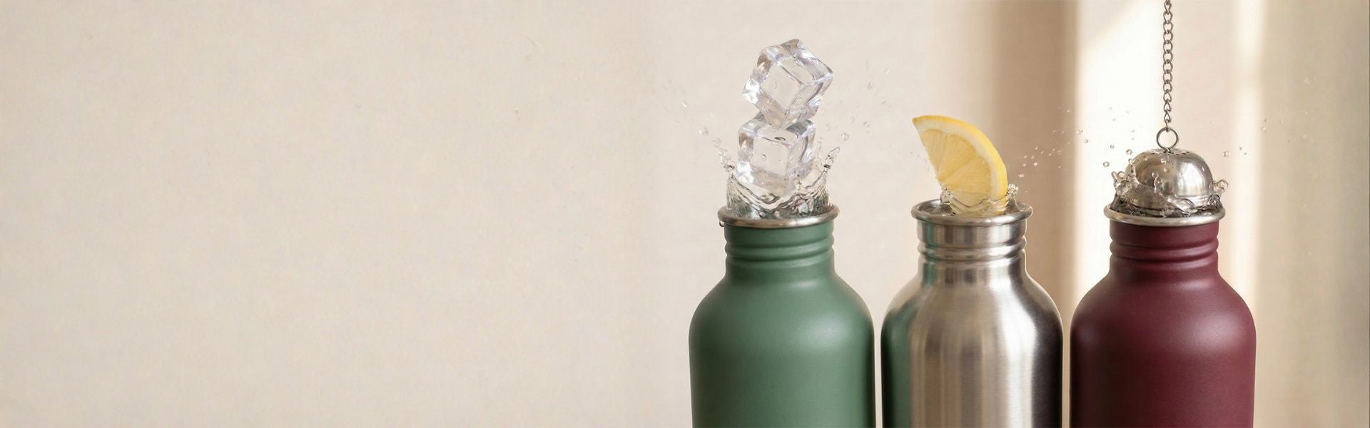 Three Bambaw stainless steel water bottles in use on a neutral background