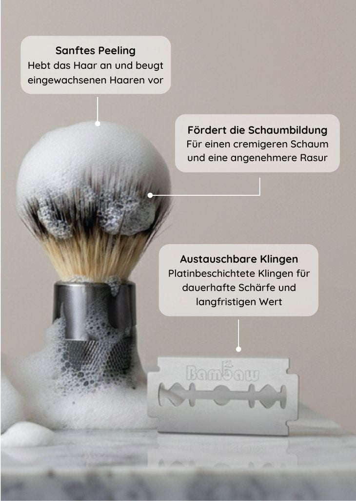 bambaw Shaving brush with foam and razor blade on a marble surface, with German text describing product features.