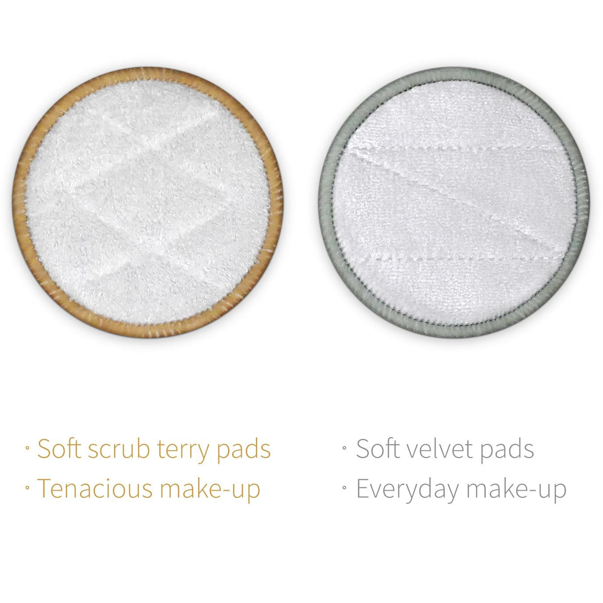 Two round reusable makeup removal pads with beige and gray edges shown side by side.