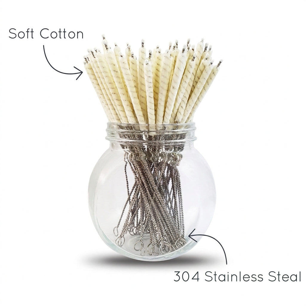 Cotton swabs with stainless steel stems arranged in a glass jar